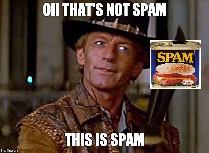 Crocodile Dundee1 | OI! THAT'S NOT SPAM THIS IS SPAM | image tagged in crocodile dundee1 | made w/ Imgflip meme maker