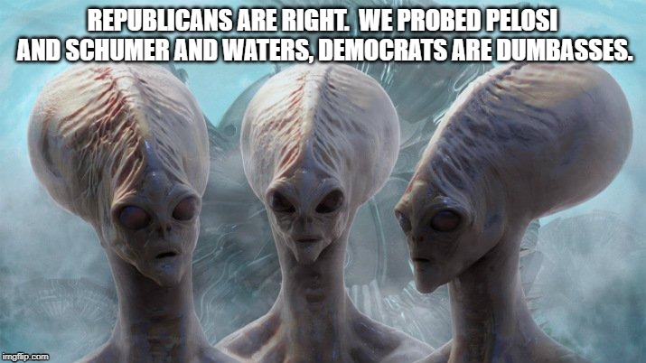 Republicans are right | REPUBLICANS ARE RIGHT.  WE PROBED PELOSI AND SCHUMER AND WATERS, DEMOCRATS ARE DUMBASSES. | image tagged in democrats,aliens,pelosi,dumbasses,schumer,waters | made w/ Imgflip meme maker
