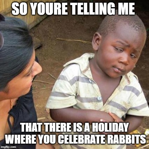 Third World Skeptical Kid Meme | SO YOURE TELLING ME; THAT THERE IS A HOLIDAY WHERE YOU CELEBRATE RABBITS | image tagged in memes,third world skeptical kid | made w/ Imgflip meme maker