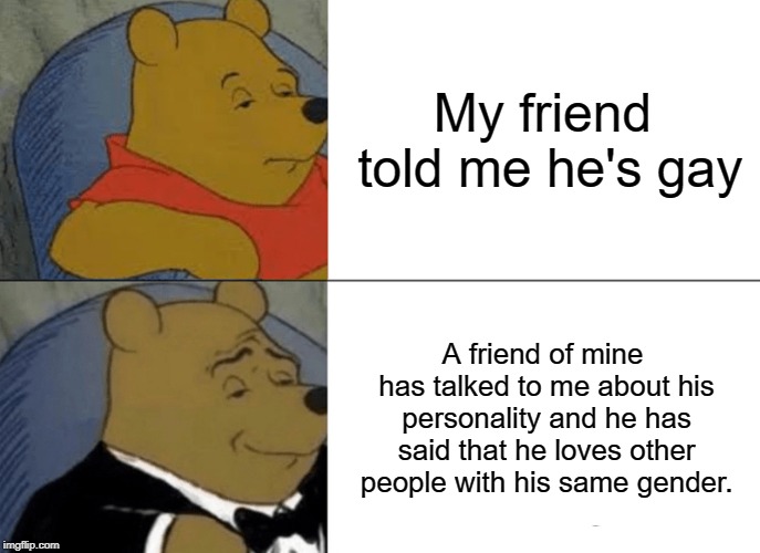 Tuxedo Winnie The Pooh | My friend told me he's gay; A friend of mine has talked to me about his personality and he has said that he loves other people with his same gender. | image tagged in memes,tuxedo winnie the pooh | made w/ Imgflip meme maker