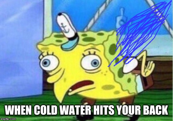 Mocking Spongebob | WHEN COLD WATER HITS YOUR BACK | image tagged in memes,mocking spongebob | made w/ Imgflip meme maker