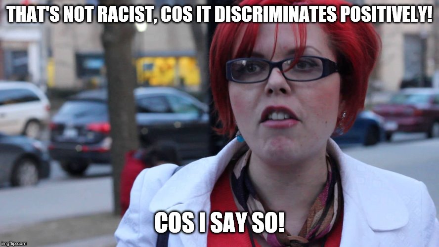 Feminazi | THAT'S NOT RACIST, COS IT DISCRIMINATES POSITIVELY! COS I SAY SO! | image tagged in feminazi | made w/ Imgflip meme maker
