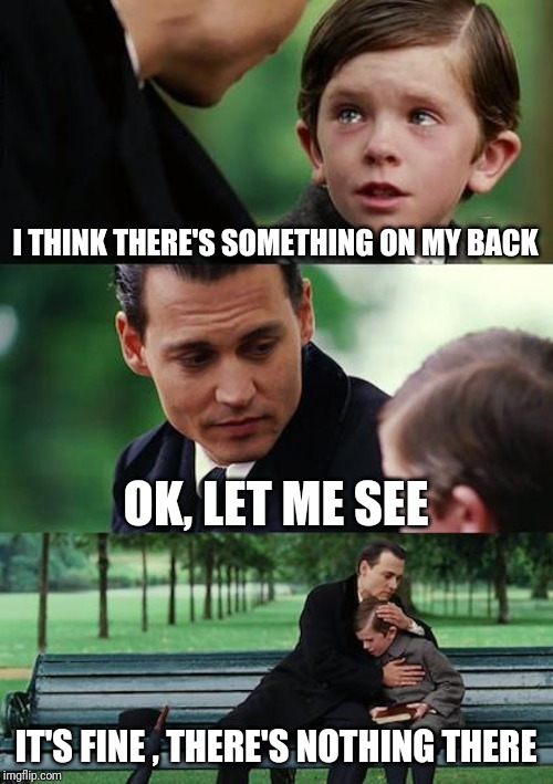 Finding Neverland | I THINK THERE'S SOMETHING ON MY BACK; OK, LET ME SEE; IT'S FINE , THERE'S NOTHING THERE | image tagged in memes,finding neverland | made w/ Imgflip meme maker