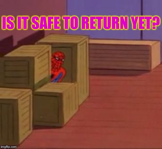 Anybody there? | IS IT SAFE TO RETURN YET? | image tagged in spiderman hiding | made w/ Imgflip meme maker