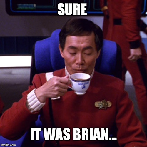 Sulu sipping tea | SURE IT WAS BRIAN... | image tagged in sulu sipping tea | made w/ Imgflip meme maker