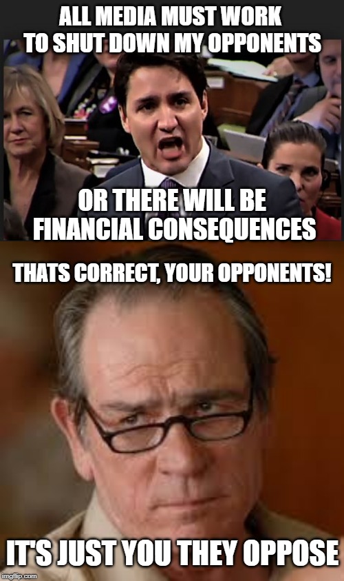 It's not them it's you | ALL MEDIA MUST WORK TO SHUT DOWN MY OPPONENTS; OR THERE WILL BE FINANCIAL CONSEQUENCES; THATS CORRECT, YOUR OPPONENTS! IT'S JUST YOU THEY OPPOSE | image tagged in trudeau,justin trudeau,stupid liberals,liberal logic,media lies,liberal media | made w/ Imgflip meme maker
