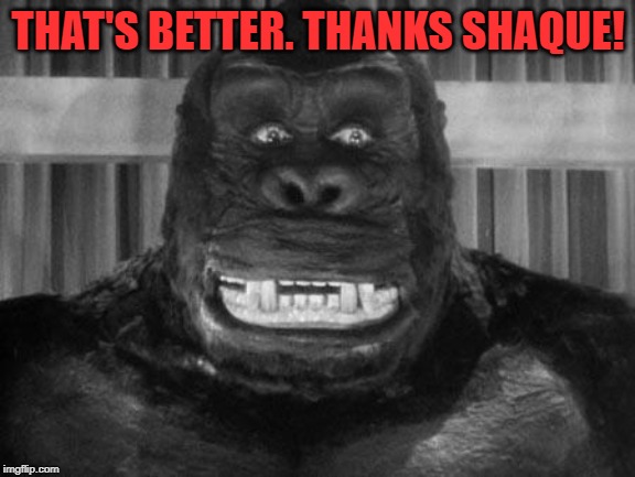 King kong | THAT'S BETTER. THANKS SHAQUE! | image tagged in king kong | made w/ Imgflip meme maker