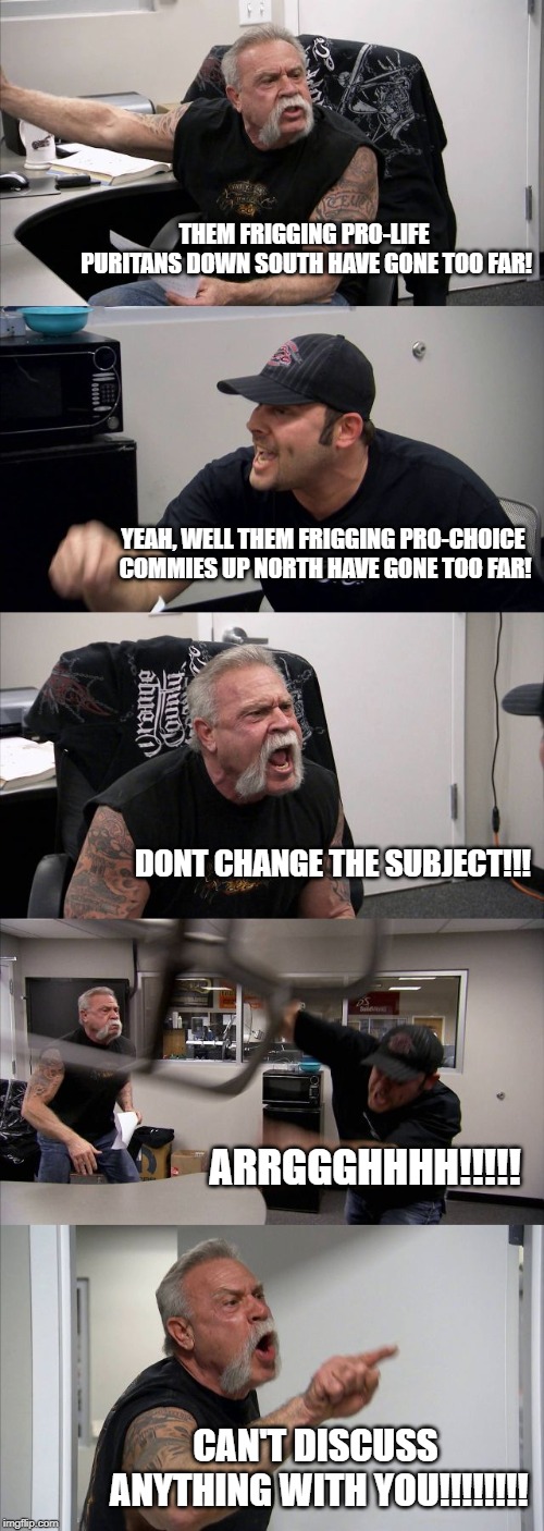 Abortion 2019 | THEM FRIGGING PRO-LIFE PURITANS DOWN SOUTH HAVE GONE TOO FAR! YEAH, WELL THEM FRIGGING PRO-CHOICE COMMIES UP NORTH HAVE GONE TOO FAR! DONT CHANGE THE SUBJECT!!! ARRGGGHHHH!!!!! CAN'T DISCUSS ANYTHING WITH YOU!!!!!!!! | image tagged in memes,abortion,dividers | made w/ Imgflip meme maker