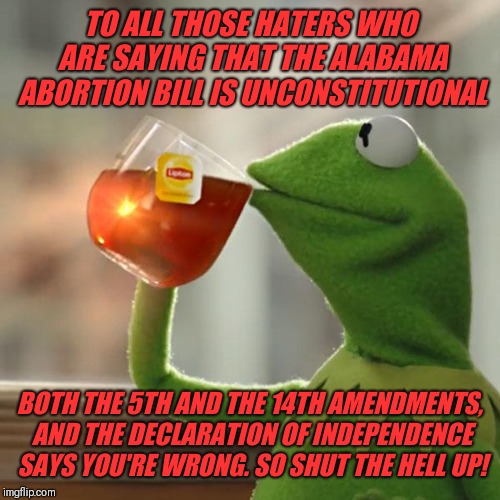 But That's None Of My Business | TO ALL THOSE HATERS WHO ARE SAYING THAT THE ALABAMA ABORTION BILL IS UNCONSTITUTIONAL; BOTH THE 5TH AND THE 14TH AMENDMENTS, AND THE DECLARATION OF INDEPENDENCE SAYS YOU'RE WRONG. SO SHUT THE HELL UP! | image tagged in memes,but thats none of my business,kermit the frog | made w/ Imgflip meme maker