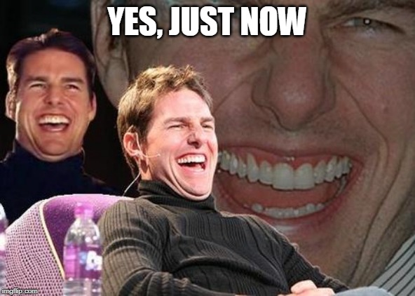 Tom Cruise laugh | YES, JUST NOW | image tagged in tom cruise laugh | made w/ Imgflip meme maker