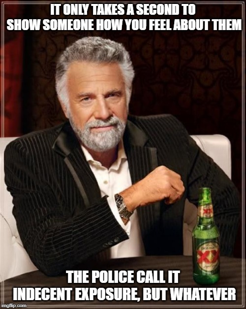 The Most Interesting Man In The World | IT ONLY TAKES A SECOND TO SHOW SOMEONE HOW YOU FEEL ABOUT THEM; THE POLICE CALL IT INDECENT EXPOSURE, BUT WHATEVER | image tagged in memes,the most interesting man in the world | made w/ Imgflip meme maker