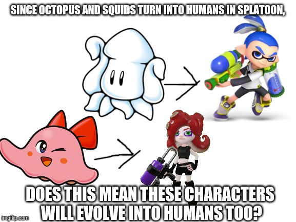 Squishy is a squid and Chuchu is an octopus so... | SINCE OCTOPUS AND SQUIDS TURN INTO HUMANS IN SPLATOON, DOES THIS MEAN THESE CHARACTERS WILL EVOLVE INTO HUMANS TOO? | image tagged in blank white template,kirby,splatoon,memes | made w/ Imgflip meme maker