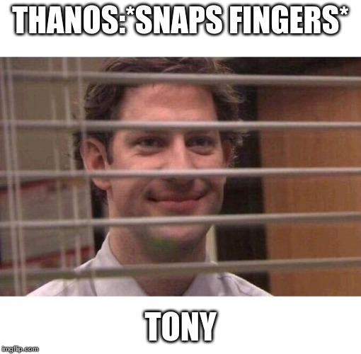 Jim Office Blinds | THANOS:*SNAPS FINGERS*; TONY | image tagged in jim office blinds | made w/ Imgflip meme maker