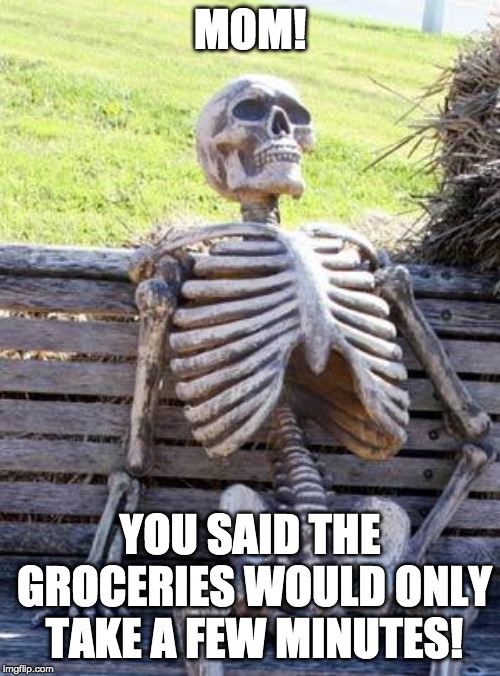 Waiting Skeleton Meme | MOM! YOU SAID THE GROCERIES WOULD ONLY TAKE A FEW MINUTES! | image tagged in memes,waiting skeleton | made w/ Imgflip meme maker