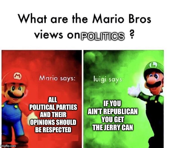 Mario Bros Views | POLITICS; ALL POLITICAL PARTIES AND THEIR OPINIONS SHOULD BE RESPECTED; IF YOU AIN’T REPUBLICAN YOU GET THE JERRY CAN | image tagged in mario bros views | made w/ Imgflip meme maker