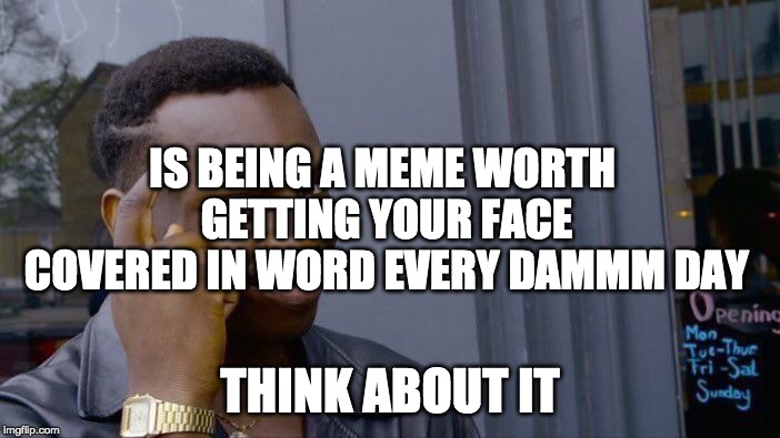 Roll Safe Think About It Meme | IS BEING A MEME WORTH GETTING YOUR FACE COVERED IN WORD EVERY DAMMM DAY; THINK ABOUT IT | image tagged in memes,roll safe think about it | made w/ Imgflip meme maker