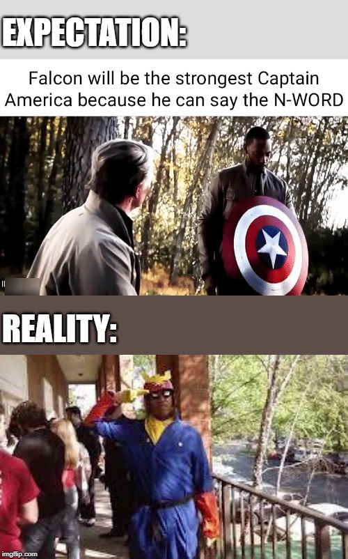 When you cant live up to the hype |  EXPECTATION:; REALITY: | image tagged in avengers endgame,captain america,falcon,captain falcon,dissapointment | made w/ Imgflip meme maker