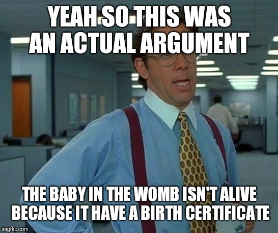 That Would Be Great | YEAH SO THIS WAS AN ACTUAL ARGUMENT; THE BABY IN THE WOMB ISN'T ALIVE BECAUSE IT HAVE A BIRTH CERTIFICATE | image tagged in memes,that would be great | made w/ Imgflip meme maker