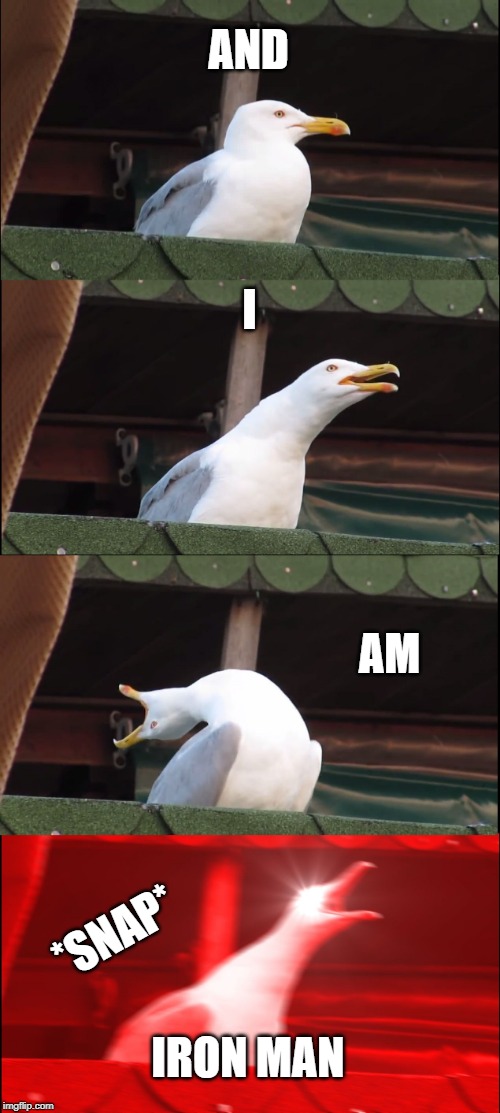 Inhaling Seagull | AND; I; AM; *SNAP*; IRON MAN | image tagged in memes,inhaling seagull | made w/ Imgflip meme maker