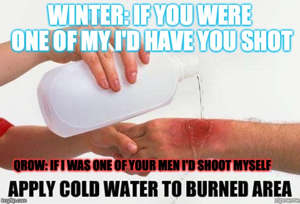 Apply Cold Water To Burned Area | WINTER: IF YOU WERE ONE OF MY I'D HAVE YOU SHOT; QROW: IF I WAS ONE OF YOUR MEN I'D SHOOT MYSELF | image tagged in apply cold water to burned area | made w/ Imgflip meme maker