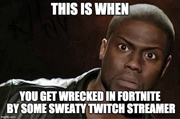 Kevin Hart | THIS IS WHEN; YOU GET WRECKED IN FORTNITE BY SOME SWEATY TWITCH STREAMER | image tagged in memes,kevin hart | made w/ Imgflip meme maker