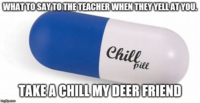 Chill Pill | WHAT TO SAY TO THE TEACHER WHEN THEY YELL AT YOU. TAKE A CHILL MY DEER FRIEND | image tagged in unhelpful high school teacher,funny memes | made w/ Imgflip meme maker