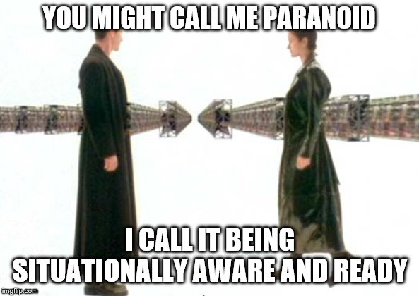 Matrix Guns Lots of Guns | YOU MIGHT CALL ME PARANOID; I CALL IT BEING SITUATIONALLY AWARE AND READY | image tagged in matrix guns lots of guns | made w/ Imgflip meme maker