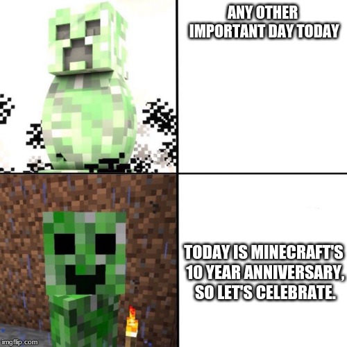 Creeper | ANY OTHER IMPORTANT DAY TODAY; TODAY IS MINECRAFT'S 10 YEAR ANNIVERSARY, SO LET'S CELEBRATE. | image tagged in creeper | made w/ Imgflip meme maker