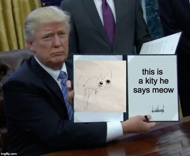 Trump Bill Signing | this is a kity
he says meow | image tagged in memes,trump bill signing | made w/ Imgflip meme maker