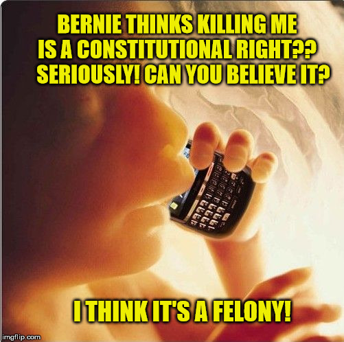 Crazy Bernie | BERNIE THINKS KILLING ME IS A CONSTITUTIONAL RIGHT??    SERIOUSLY! CAN YOU BELIEVE IT? I THINK IT'S A FELONY! | image tagged in baby in womb on cell phone - fetus blackberry,pro life,right to life,god is love,liberal logic,maga | made w/ Imgflip meme maker