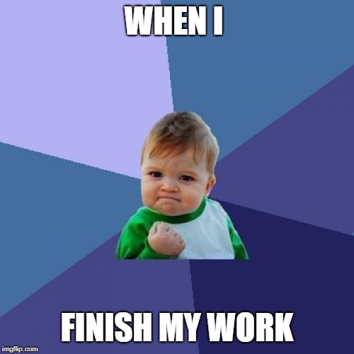 Success Kid Meme | WHEN I; FINISH MY WORK | image tagged in memes,success kid | made w/ Imgflip meme maker