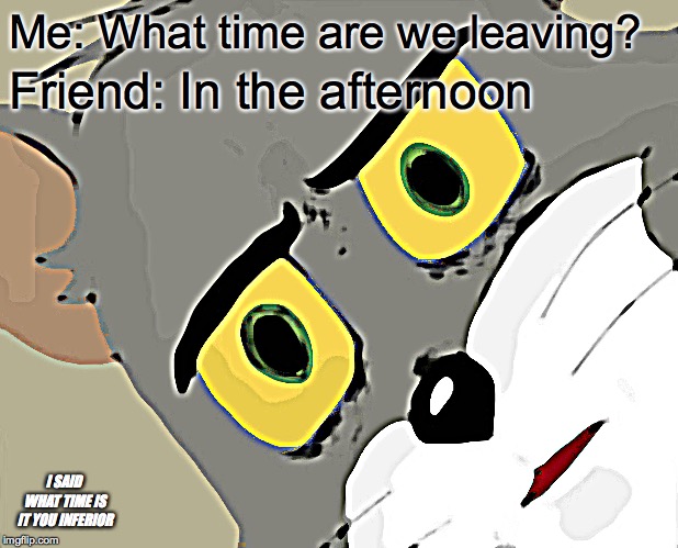 *sniff* specific time you mortal | Me: What time are we leaving? Friend: In the afternoon; I SAID WHAT TIME IS IT YOU INFERIOR | image tagged in memes,unsettled tom,facepalm | made w/ Imgflip meme maker