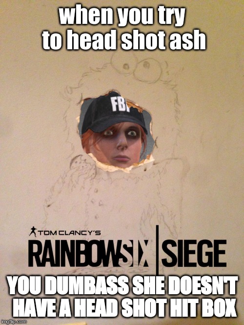 Rainbow Six Siege | when you try to head shot ash; YOU DUMBASS SHE DOESN'T HAVE A HEAD SHOT HIT BOX | image tagged in rainbow six siege | made w/ Imgflip meme maker
