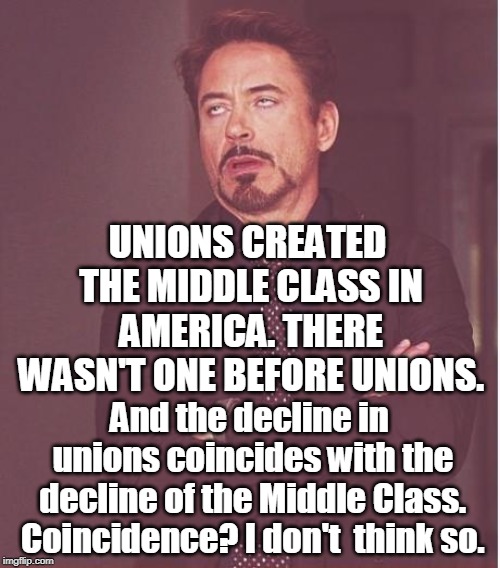 Face You Make Robert Downey Jr Meme | UNIONS CREATED THE MIDDLE CLASS IN AMERICA. THERE WASN'T ONE BEFORE UNIONS. And the decline in unions coincides with the decline of the Midd | image tagged in memes,face you make robert downey jr | made w/ Imgflip meme maker