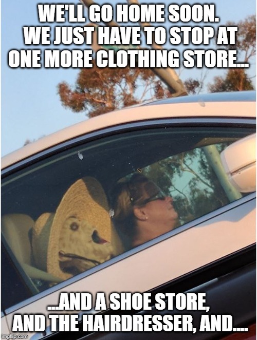 waiting on women | WE'LL GO HOME SOON. WE JUST HAVE TO STOP AT ONE MORE CLOTHING STORE... ...AND A SHOE STORE, AND THE HAIRDRESSER, AND.... | image tagged in waiting,shopping | made w/ Imgflip meme maker