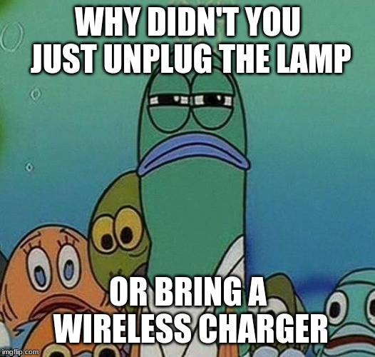 WHY DIDN'T YOU JUST UNPLUG THE LAMP OR BRING A WIRELESS CHARGER | image tagged in squinting fish from spongebob | made w/ Imgflip meme maker