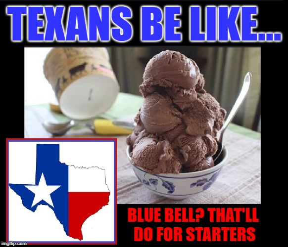 Blue Bell Ice Cream is the Only Ice Cream we have in Texas | TEXANS BE LIKE... BLUE BELL? THAT'LL   DO FOR STARTERS | image tagged in vince vance,texas sized,everything's big in texas,big bowl of chocolate ice cream,blue bell ice cream,map of texas | made w/ Imgflip meme maker