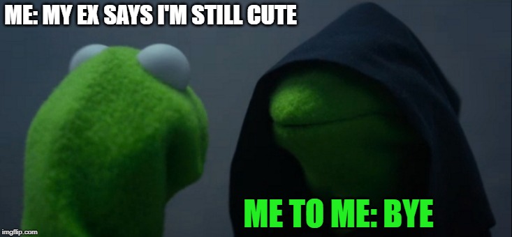 Evil Kermit | ME: MY EX SAYS I'M STILL CUTE; ME TO ME: BYE | image tagged in memes,evil kermit | made w/ Imgflip meme maker