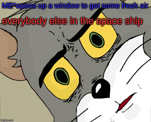 Unsettled Tom Meme | ME*opens up a window to get some fresh air; everybody else in the space ship | image tagged in memes,unsettled tom | made w/ Imgflip meme maker