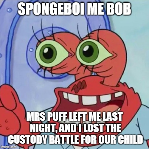 AHOY SPONGEBOB | SPONGEBOI ME BOB; MRS PUFF LEFT ME LAST NIGHT, AND I LOST THE CUSTODY BATTLE FOR OUR CHILD | image tagged in ahoy spongebob | made w/ Imgflip meme maker