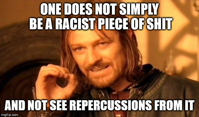 One Does Not Simply Meme | ONE DOES NOT SIMPLY BE A RACIST PIECE OF SHIT AND NOT SEE REPERCUSSIONS FROM IT | image tagged in memes,one does not simply | made w/ Imgflip meme maker