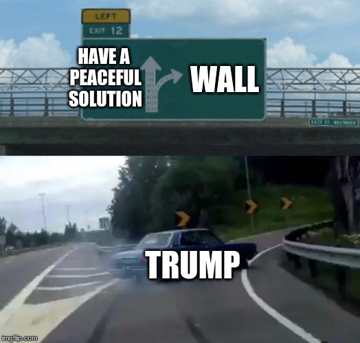 Trump | HAVE A PEACEFUL SOLUTION; WALL; TRUMP | image tagged in memes,left exit 12 off ramp | made w/ Imgflip meme maker