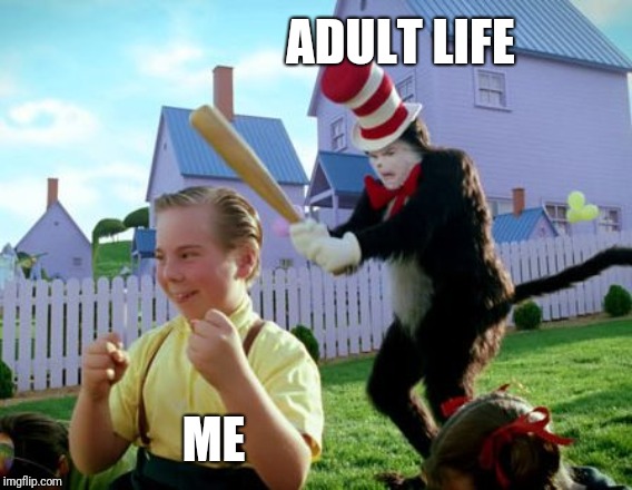 cat in the hat with a bat | ADULT LIFE; ME | image tagged in cat in the hat with a bat | made w/ Imgflip meme maker