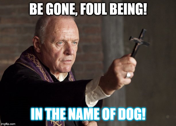 The power of Christ compels you! | BE GONE, FOUL BEING! IN THE NAME OF DOG! | image tagged in the power of christ compels you | made w/ Imgflip meme maker