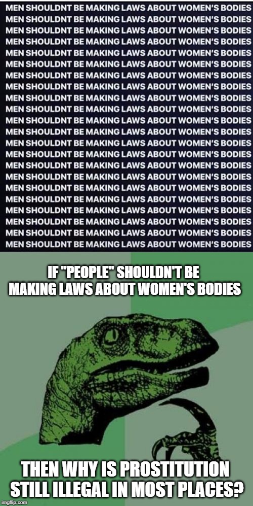 A Thought About Women's Laws? | IF "PEOPLE" SHOULDN'T BE MAKING LAWS ABOUT WOMEN'S BODIES; THEN WHY IS PROSTITUTION STILL ILLEGAL IN MOST PLACES? | image tagged in memes,philosoraptor | made w/ Imgflip meme maker