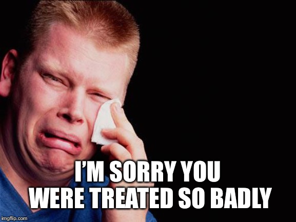 tissue crying man | I’M SORRY YOU WERE TREATED SO BADLY | image tagged in tissue crying man | made w/ Imgflip meme maker