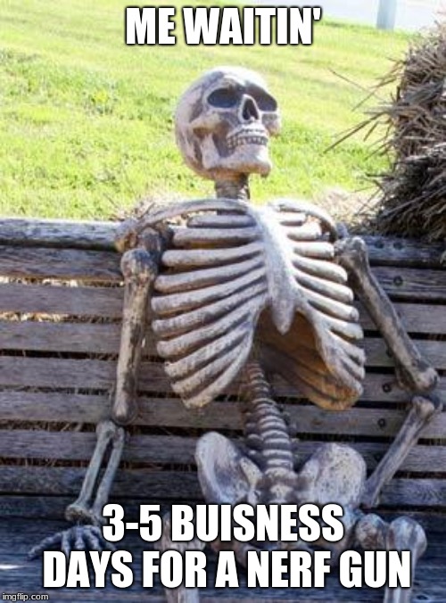 Waiting Skeleton | ME WAITIN'; 3-5 BUISNESS DAYS FOR A NERF GUN | image tagged in memes,waiting skeleton | made w/ Imgflip meme maker