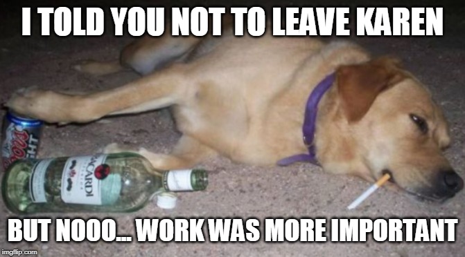 Sad Dog | I TOLD YOU NOT TO LEAVE KAREN; BUT NOOO... WORK WAS MORE IMPORTANT | image tagged in memes,dog | made w/ Imgflip meme maker