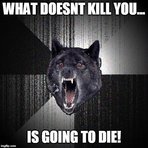 Insanity Wolf | WHAT DOESNT KILL YOU... IS GOING TO DIE! | image tagged in memes,insanity wolf | made w/ Imgflip meme maker