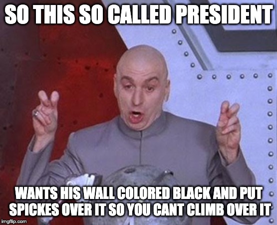 Dr Evil Laser Meme | SO THIS SO CALLED PRESIDENT; WANTS HIS WALL COLORED BLACK AND PUT SPICKES OVER IT SO YOU CANT CLIMB OVER IT | image tagged in memes,dr evil laser | made w/ Imgflip meme maker